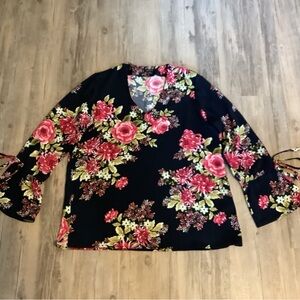 IMAN Bell Sleeve Blouse V-Neck Pink Floral Medium Black Background